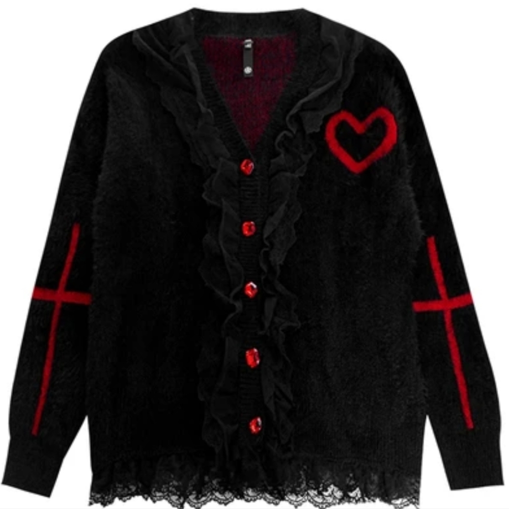 Goth Black Oversized Eyelash Knit Lace Edge Cardigan with Red Hollow Heart